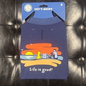 Life Is Good Navy Pet Dog T-Shirt with Sunset Design